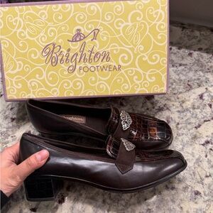 Brighton Brown Croc Block Heel Loafers Sandals Formal